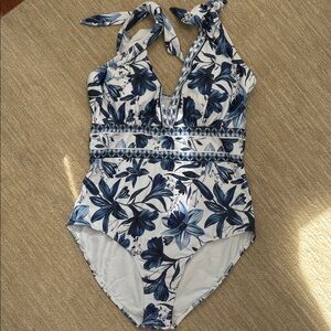 Blue Floral One-Piece Swimsuit & Matching Skirt Coverup